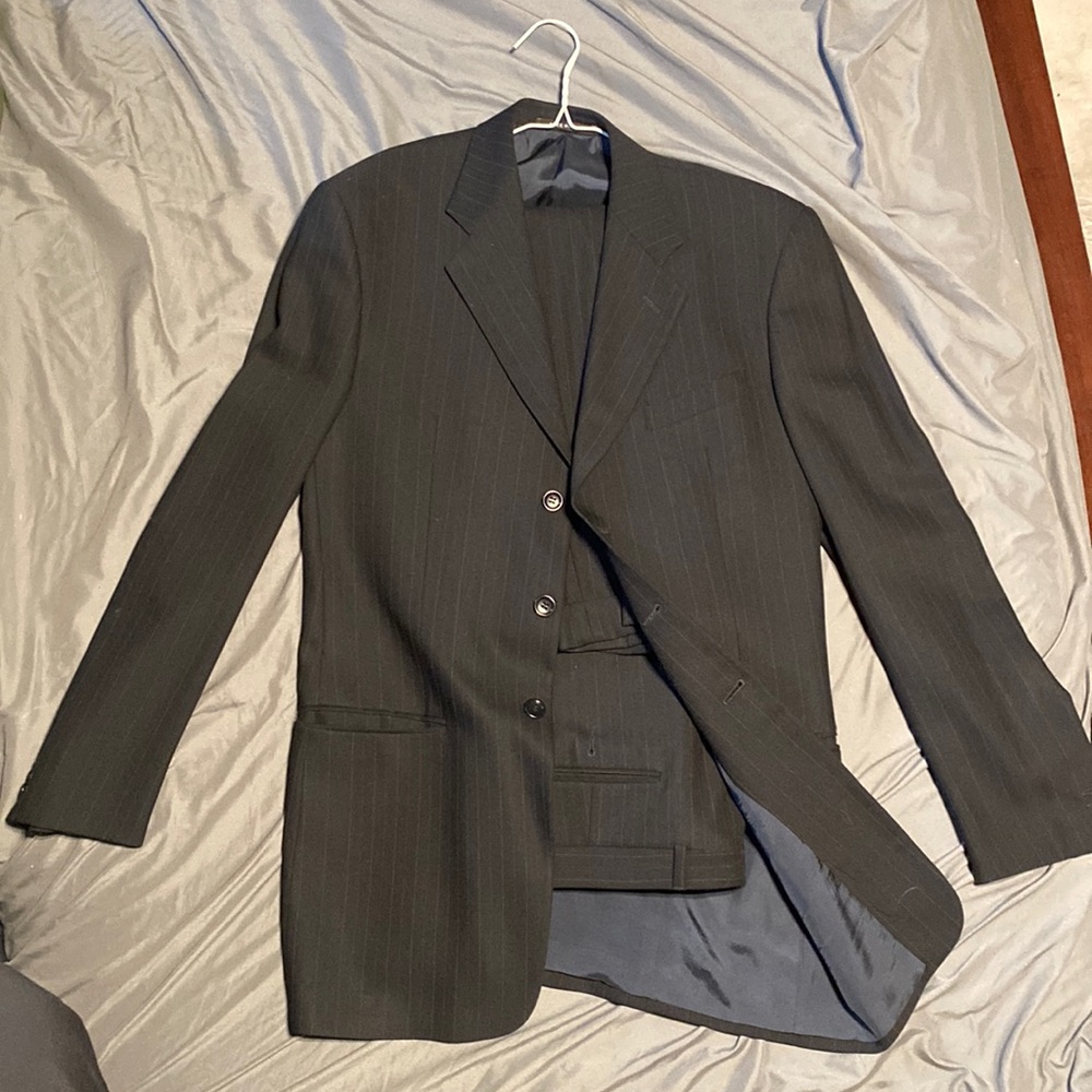 Armani Collezioni black suit and pants with white and blue pinstripe